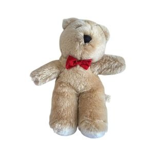 1986 10" TEDDY BEAR ANIMAL TOYS PLUSH STUFFED ANIMAL TAN RED BOW TIE KOREA LOVEY